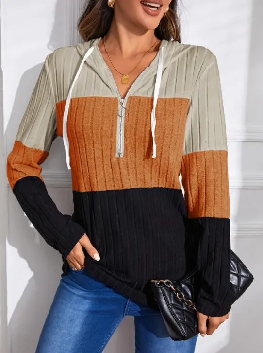 Color Block Zipper Hoodie Khaki - Shop at LoveMi