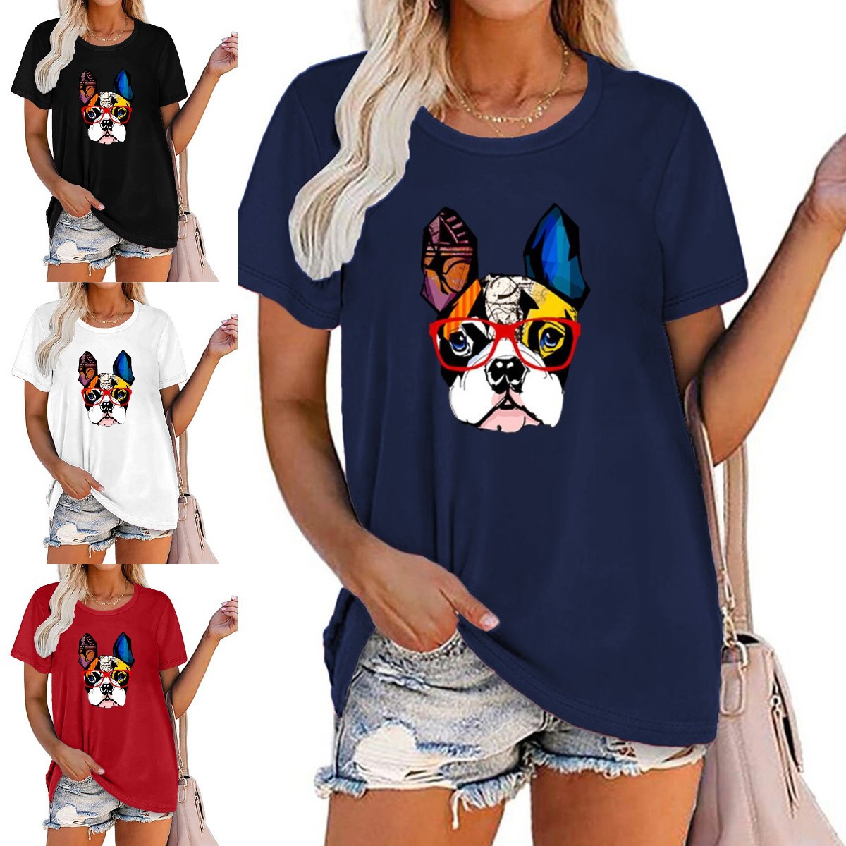 New European And American Dog Print Top With Glasses Short Sleeve