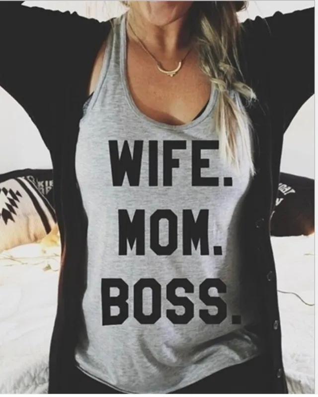 WIFE MOM Letter Pattern Casual Racer Vest Grey - Shop at LoveMi