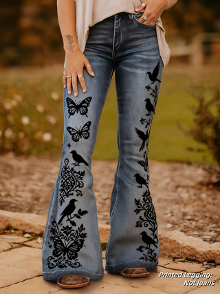 Ladies' Casual And Fashionable Retro Printed High-waisted Single-button Flared Pants, Comfortable Fake Jeans Can Modify The Leg Shape