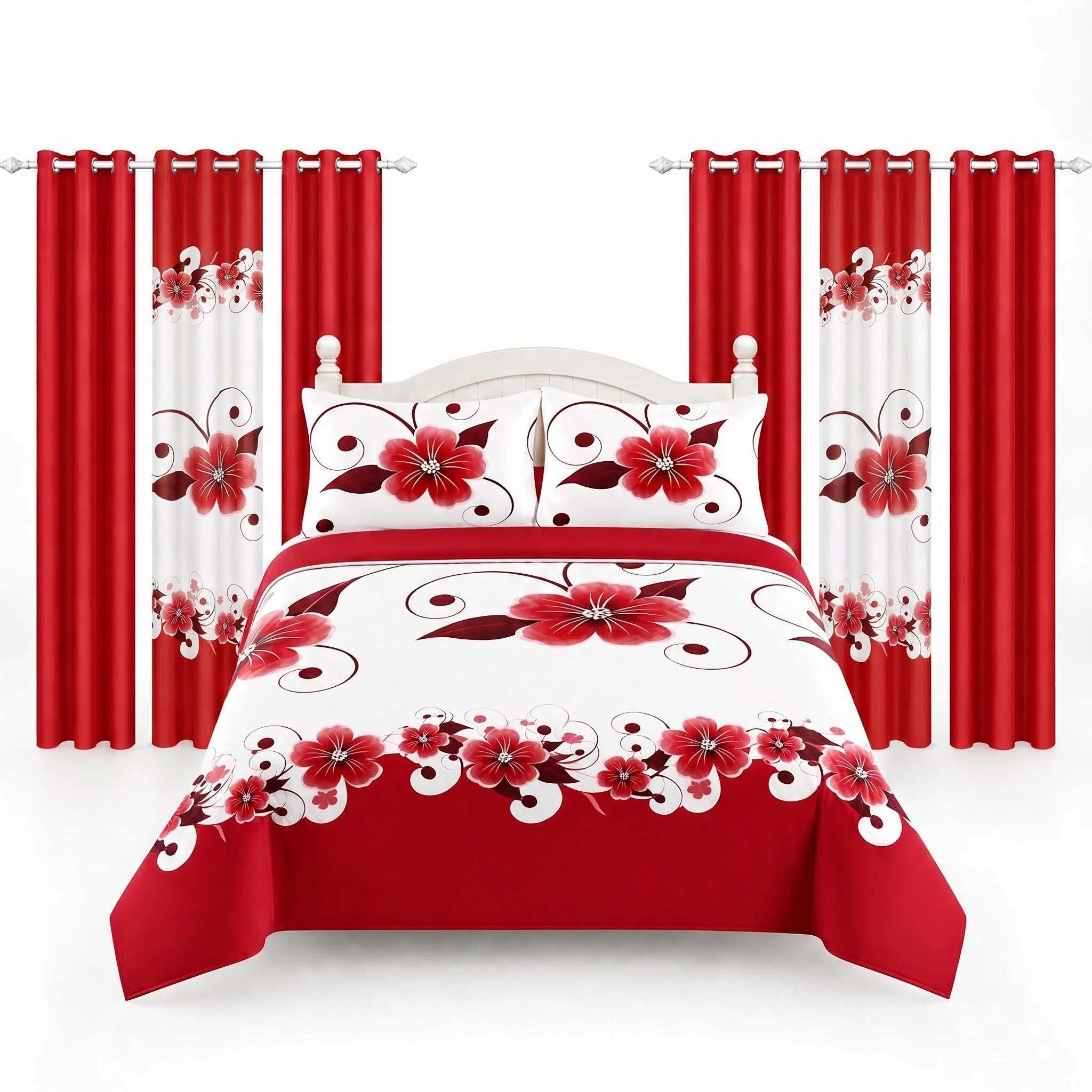 9-Piece Red And White Gardenia Duvet Cover Bedding Set For Queen, King And California King
