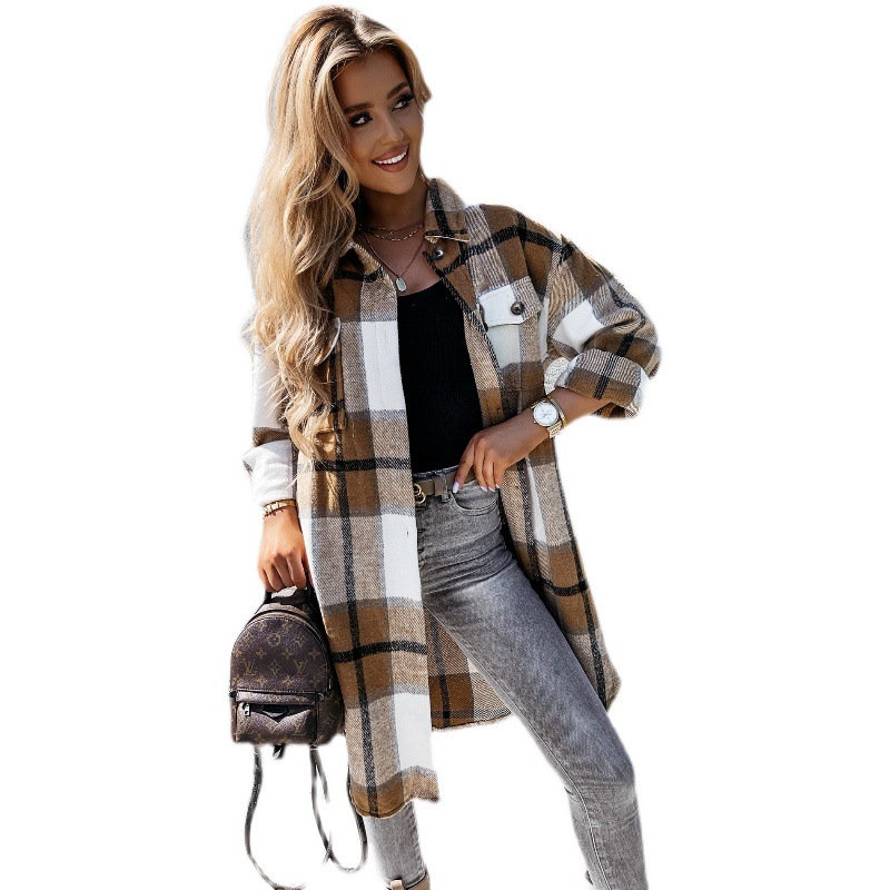 New European And American Fashion Plaid Shirt Mid-length Coat