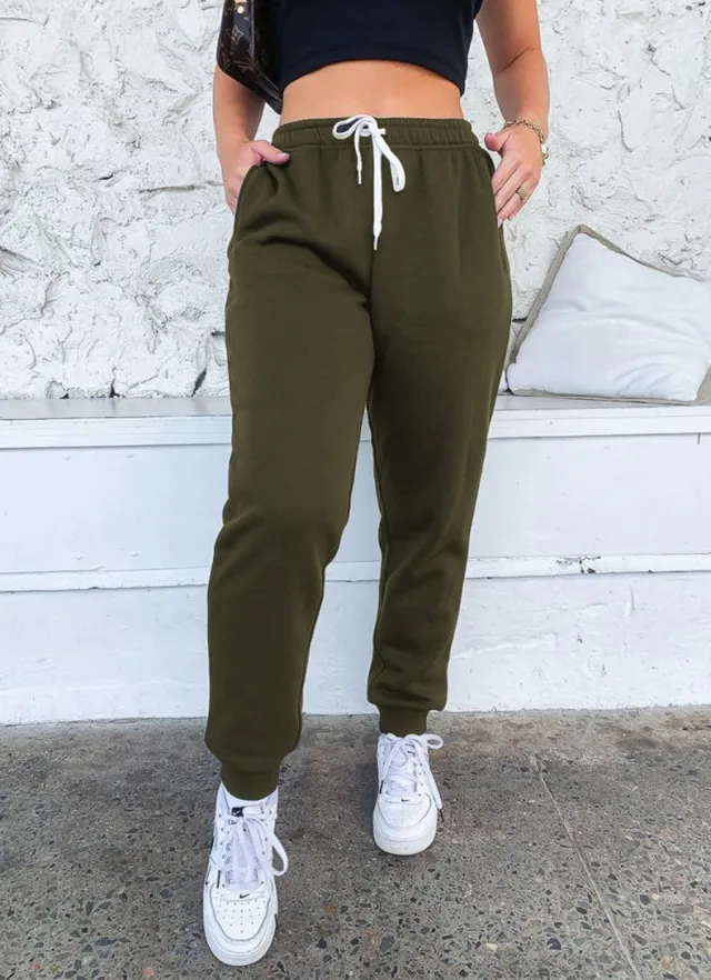 Women's Solid Color Lace Up Sports Pants Home Casual Sweater Pants Army Green Thin Section - Shop at LoveMi