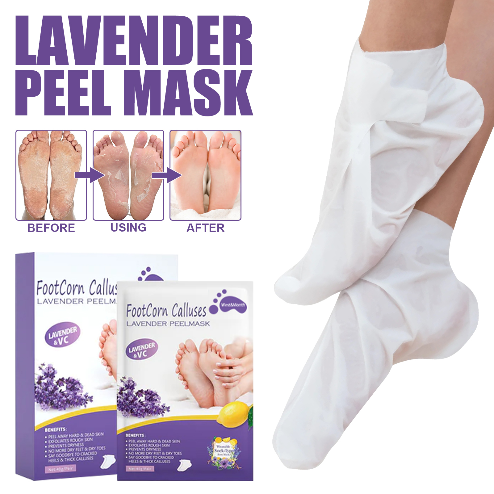 West&Month Lavender Peel Mask, Moisturizing Foot Cleansing Keratin Anti-cracking And Dead Skin Care Foot Mask