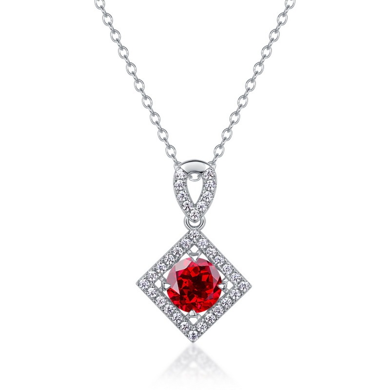 S925 Sterling Silver Lab-Grown Ruby Necklace, 6.5mm Round Gemstone Diamond-Shaped Halo Pendant, 45cm Chain, Women's Jewelry Gift Box