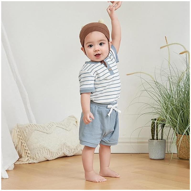 Baby Boy Summer Clothes Button Short Sleeve Romper Bodysuit Shorts Set Infant Soft Waffle Outfit