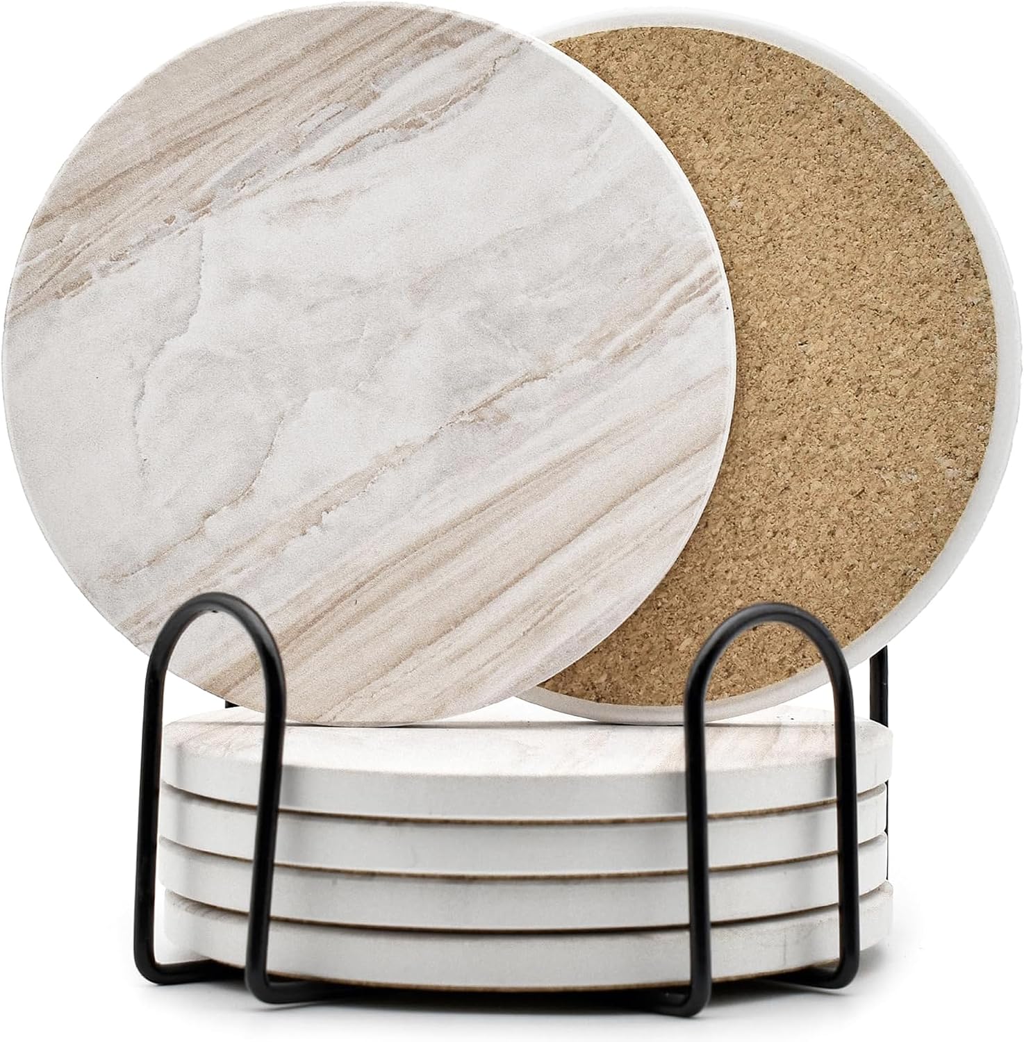 Ceramic Drink Coasters 6 PCS With Holder, 4 Inch Absorbent Coaster Set For Coffee, Tea, Cups And Home Table Decor product image