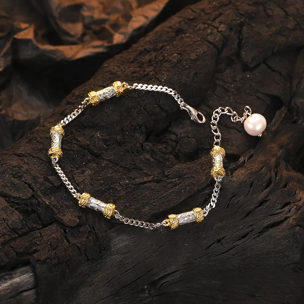 925 Sterling Silver Simple Cold Style Original As Right As Rain Gold And Silver Contrast Color Bracelet