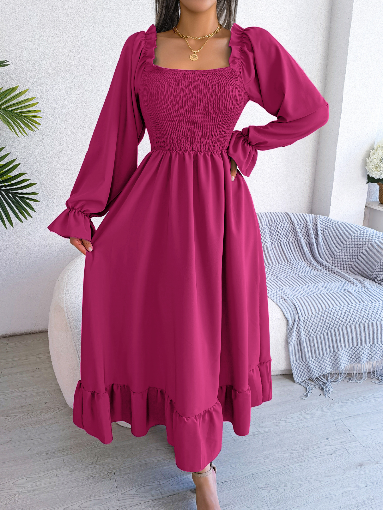 Women's Casual Square Neck Bell Sleeve Flowy Ruffle Maxi Dress