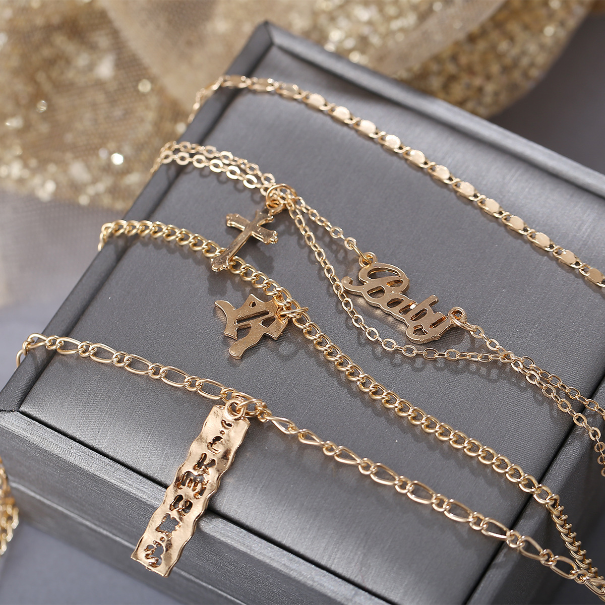 Female Creative Golden Baby Letter Cross Alloy Necklace