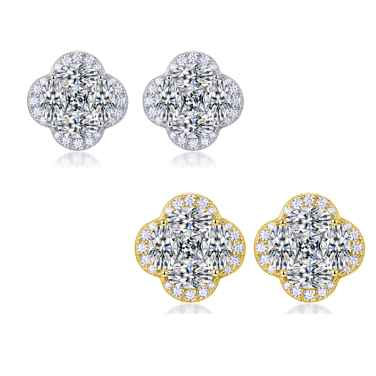 S925 Sterling Silver Four-Leaf Clover Stud Earrings, D-VVS1 Marquise Moissanite Cluster Halo, Platinum Plated 3.6g Women's Jewelry Gift Box