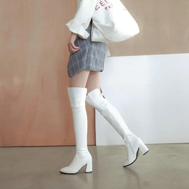 Thin Side Zipper Thick Heel Rider Boots White - Shop at LoveMi