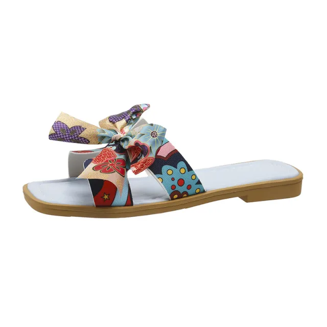 Ribbon Bow Sandals Summer New Square Toe Low Heel Sandal For Women Slides Fashion Casual Beach Shoes Blue - Shop at LoveMi