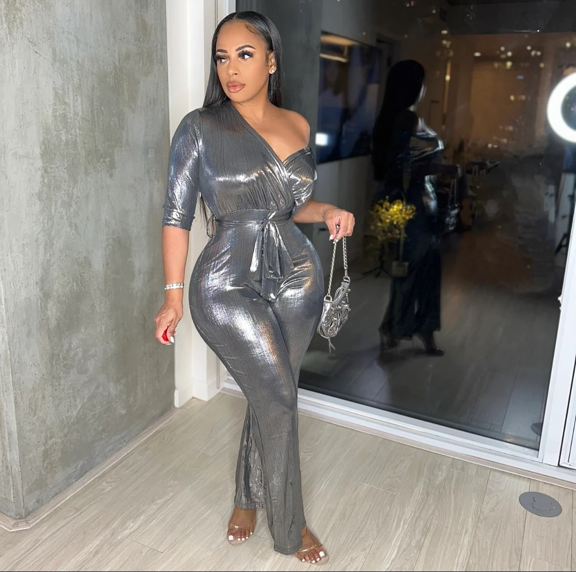 Women's Bronzing V-neck Lace Up Waist-tied Jumpsuit