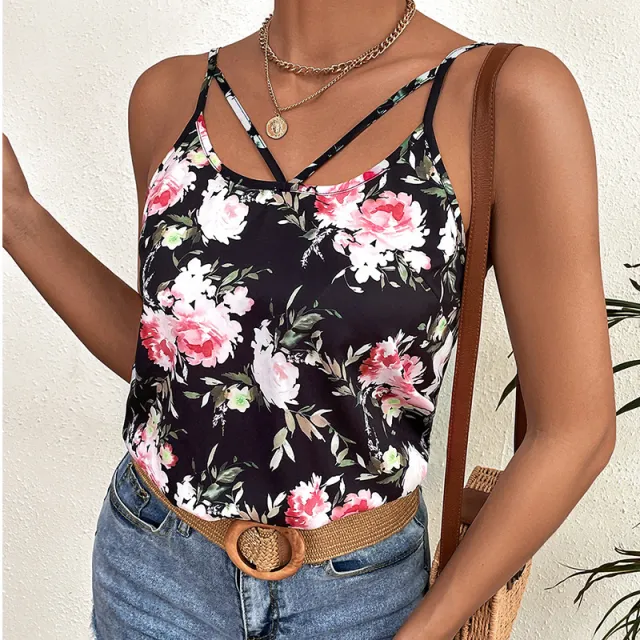 Summer European And American Loose Print Suspender Vest Women's Top Black - Shop at LoveMi