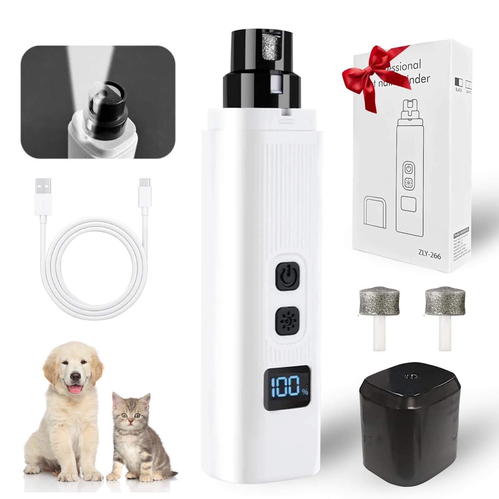Dog Nail Grinder, Electric Pet Nail Grinder With 2 Speed Digital USB Rechargeable Dog Nail Trimmer Nail Claw Clippers With LED Lighting Quiet Paws Grooming