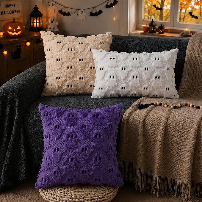 2-Piece Beige Halloween Pillow Covers, 18x18 Inch Ghost Pattern Decorative Cushion Covers 3