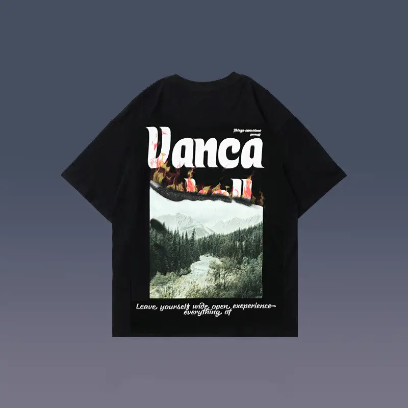 Short-sleeved Hong Kong Style Letter Landscape Print Loose