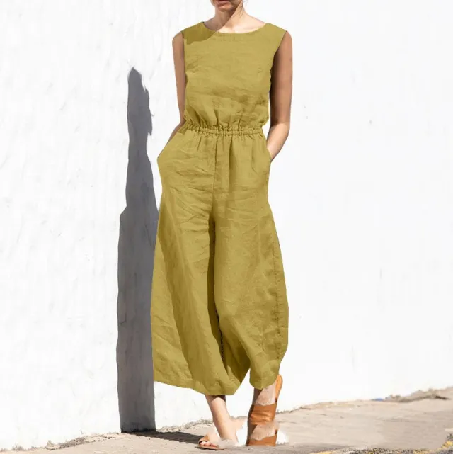 Solid Color Crew Neck Loose Casual Jumpsuit Yellow - Shop at LoveMi