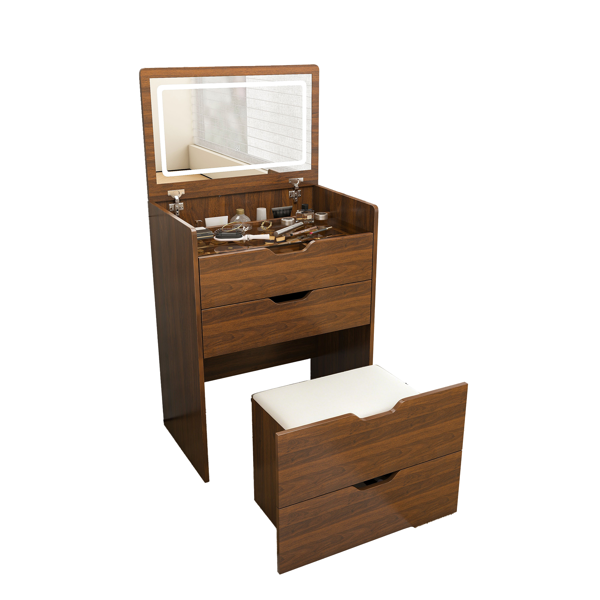 3-in-1 Vanity Desk With Flip Top Lighted Mirror & Storage Stool, Compact Makeup Dressing Table For Bedroom, Bathroom, Or Dressing Room 23.L, Walnut