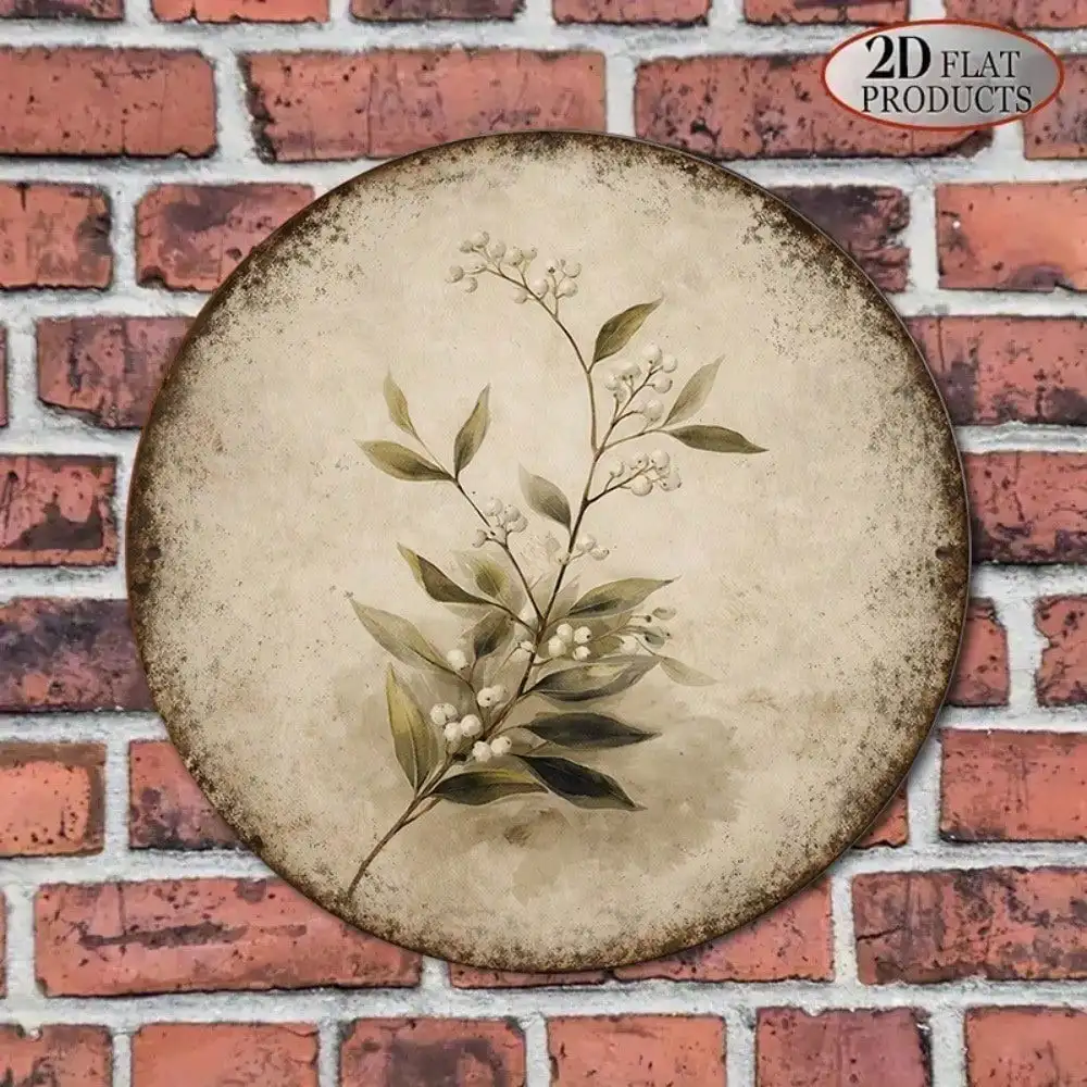 8x8in Vintage Botanical Round Sign Plant Flower