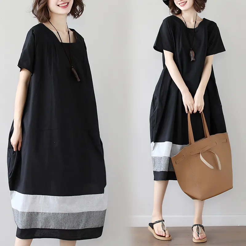 Cotton and Linen Short Sleeve Dress Large Size Women's