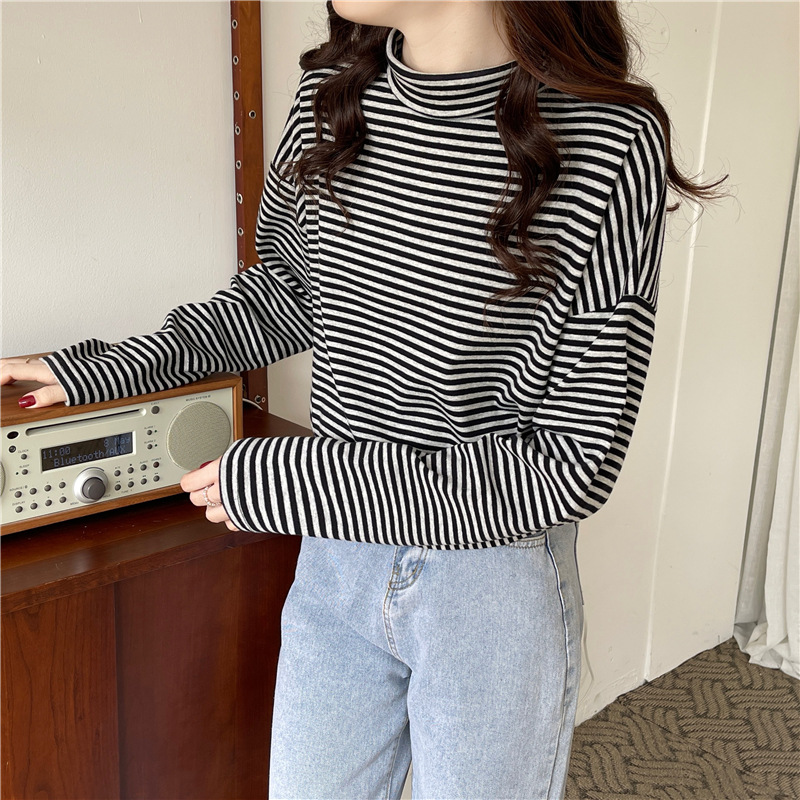 Half High Neck Striped Long Sleeved T Shirt Black - Shop at LoveMi