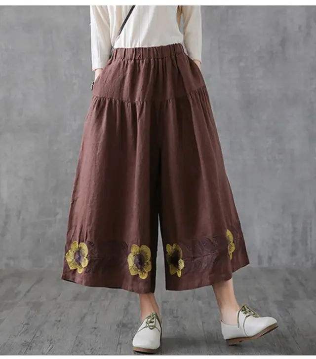 Ladies New Summer Retro Hemp Embroidered Flower Pants Coffee - Shop at LoveMi