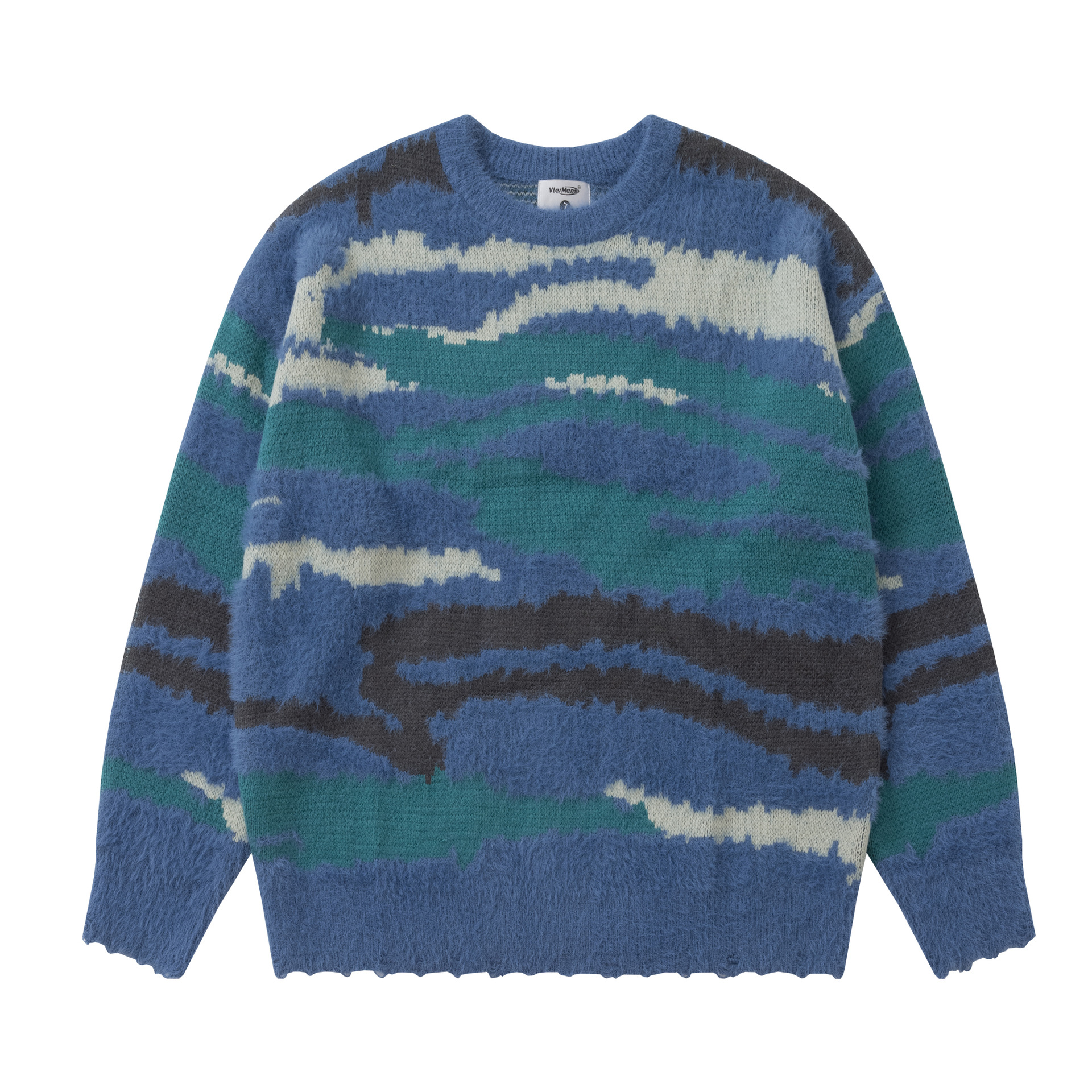 Heavy Color Matching Furry Round Neck Sweater