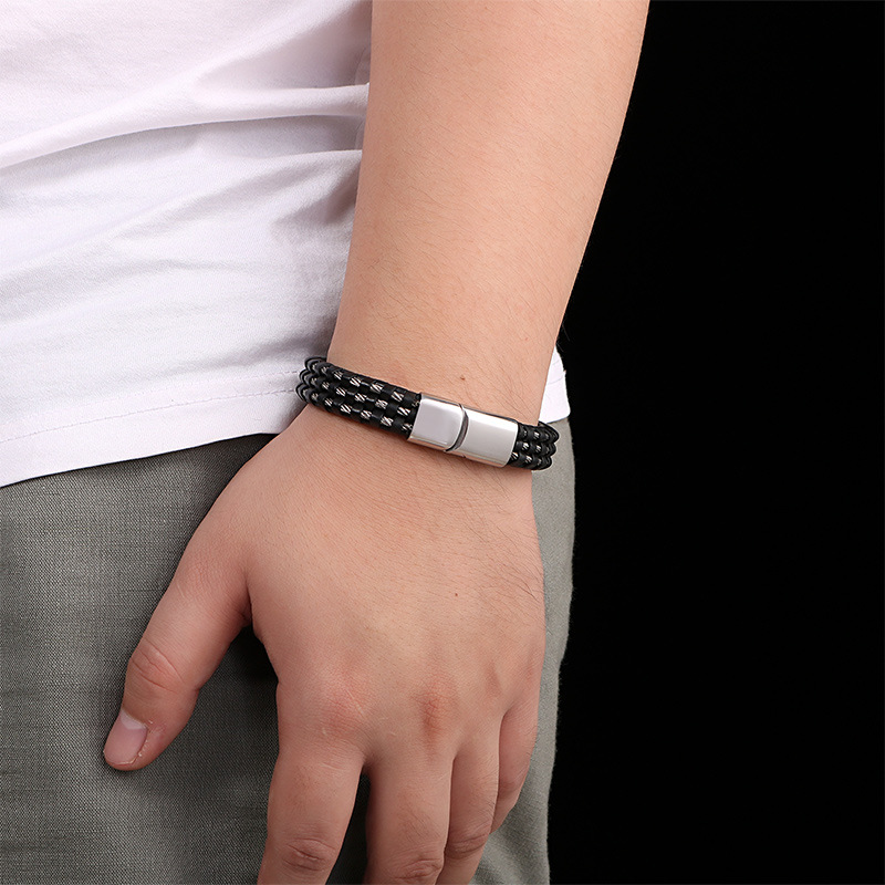 Multiple Twisted Steel Wire Rope Braided Leather Bracelet