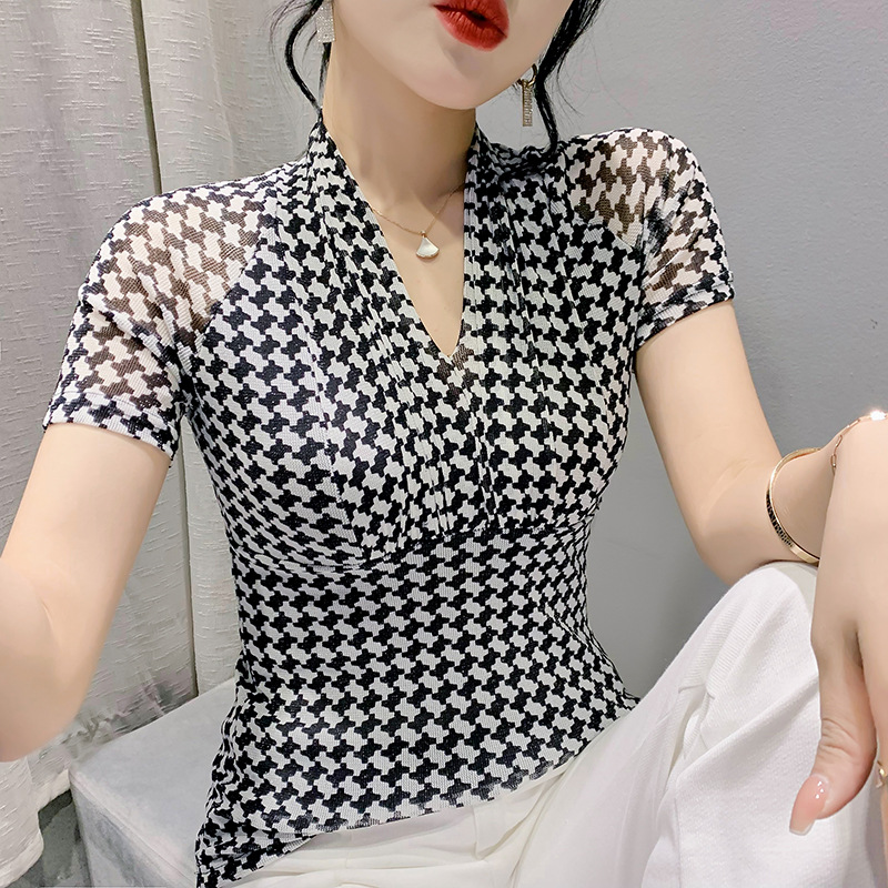 Houndstooth Bright Silk V-neck Short-sleeved T-shirt For Women