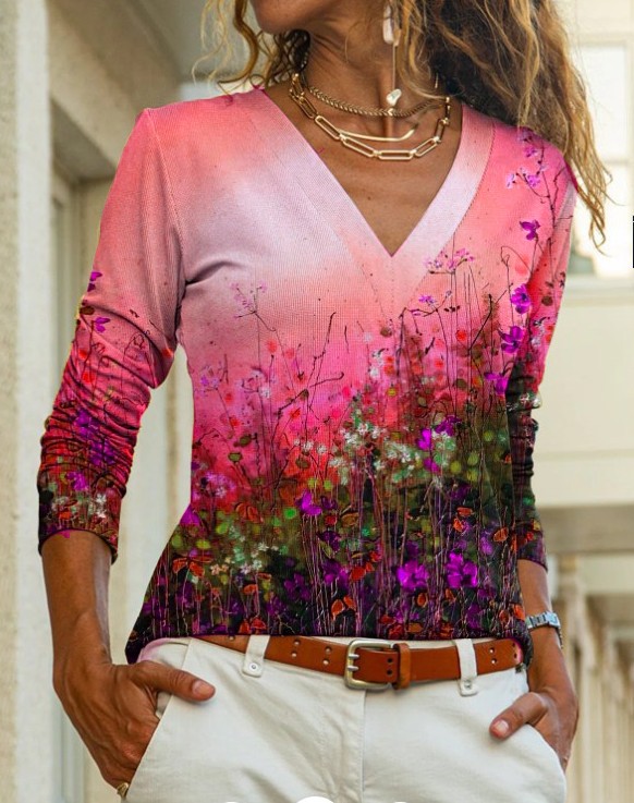 Title 4, New Printed V-neck Long-sleeve T-shirt For Women