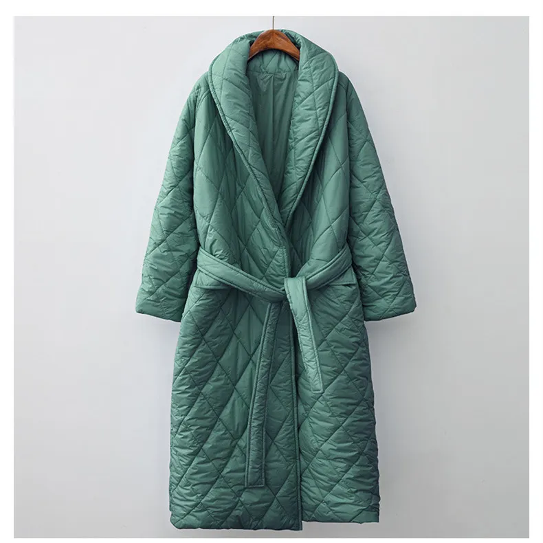 Women's Fashionable All-matching Cotton-padded Jacket Thin Over The Knee Coat - Dark Green