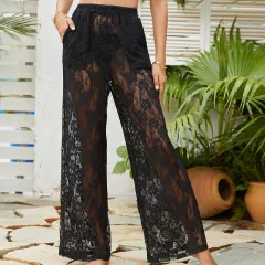 Lace Hollow Beach Sunscreen Wide Leg Casual Pants - Black - View 1