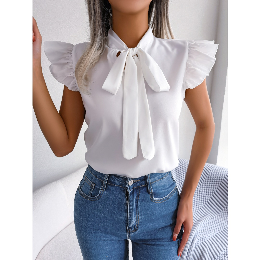 Women  Elegant Commute Ruffle Trim Tie Bow Chiffon Top