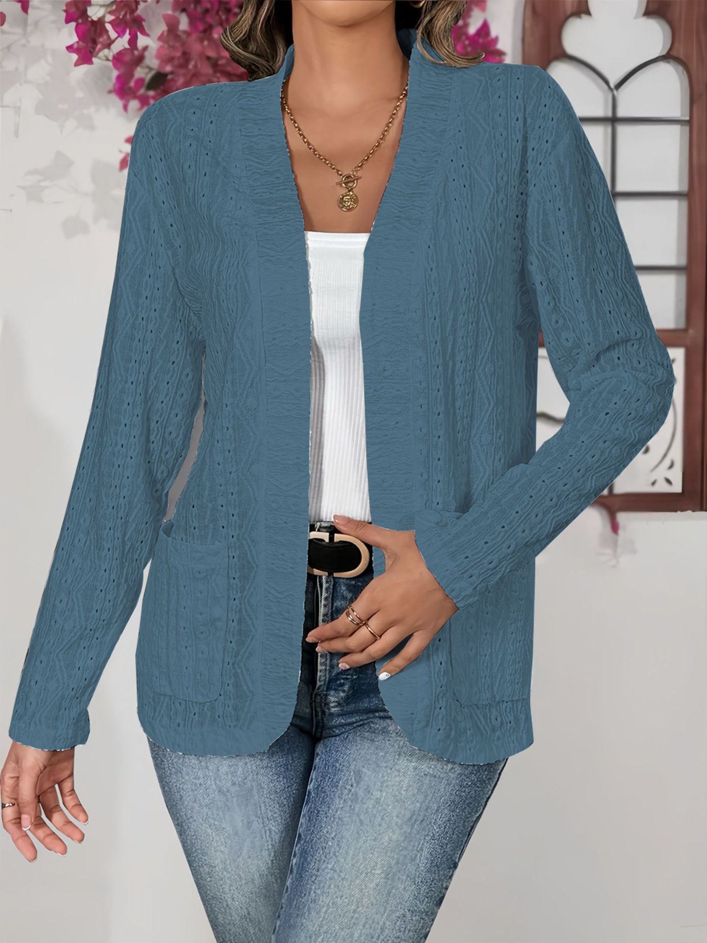 Solid Color Elegant Pocket Long Sleeve Cardigan Jacket
