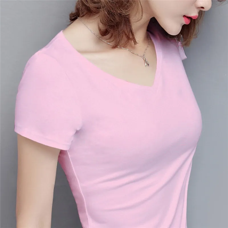 S-5XL Women's Cotton T-shirt Summer V-neck Tops Tees Female - Pink