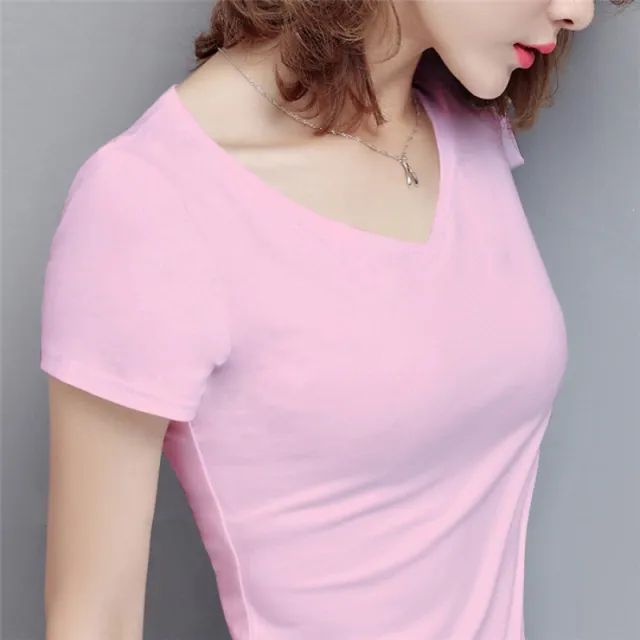 S 5XL Women's Cotton T shirt Summer V neck Tops Tees Female Pink - Shop at LoveMi