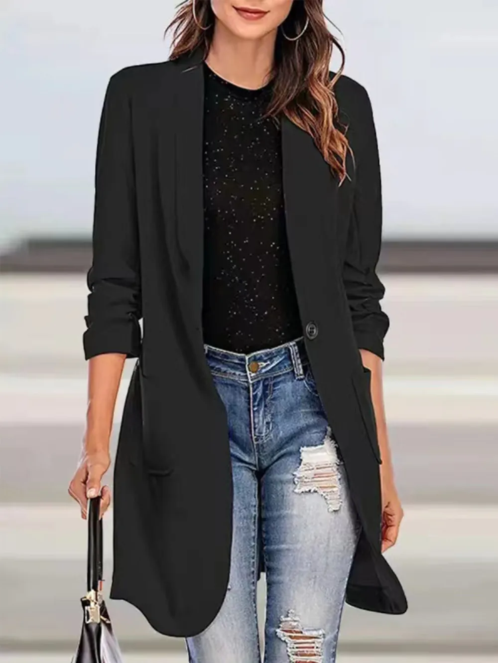 Women Woven Blazer Long Sleeve Open Front Loose Fit