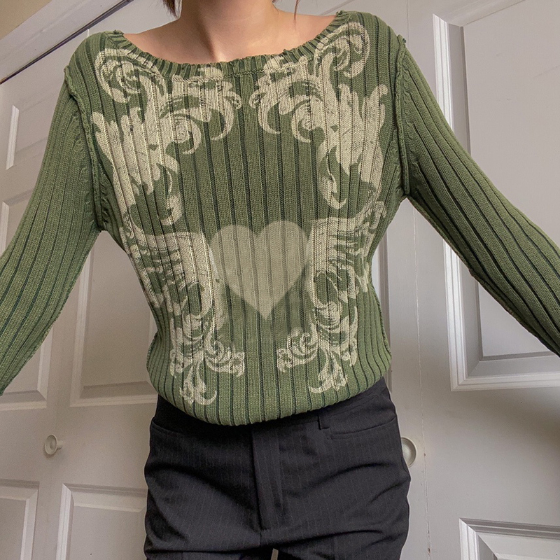 Vintage Print Sweater Long Sleeve Light Green Top