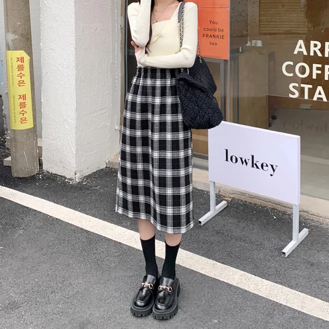 Plaid A line Skirt Retro High Waist Split Straight Skirt Black - Shop at LoveMi
