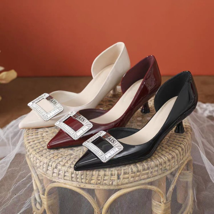 2026 Luxury French Rhinestone Square Buckle Pumps, Women's Elegant Versatile Pointed Toe Closed Toe Heels