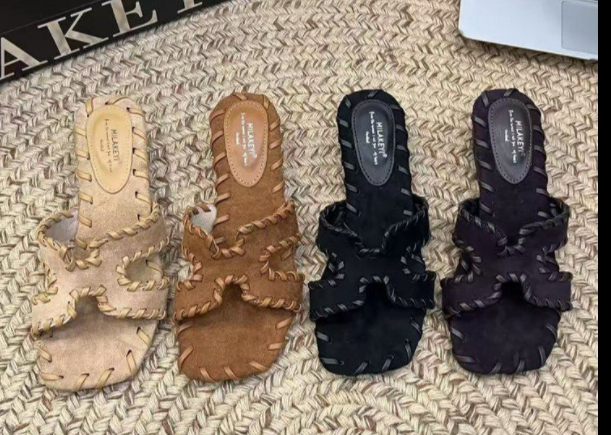 Retro Niche Design Suede One-Strap Slides For Women, 2026 Summer Genuine Leather Outdoor High-end Open Toe Slippers