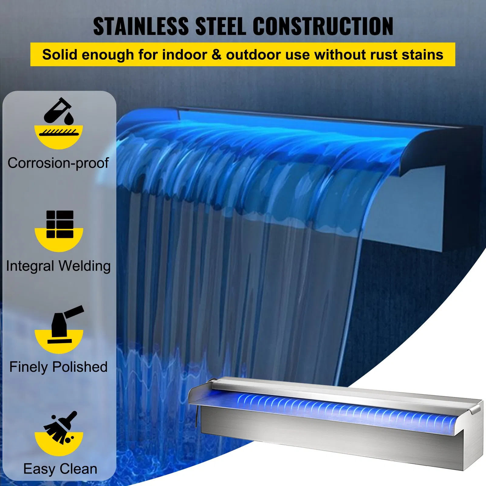 Pool Fountain Stainless Steel Pool Waterfall 11.8inch X 4.5inch X 3.1inch W X D X H With LED Strip Light Waterfall Spillway With Pipe Connector Rectangular Garden Outdoor