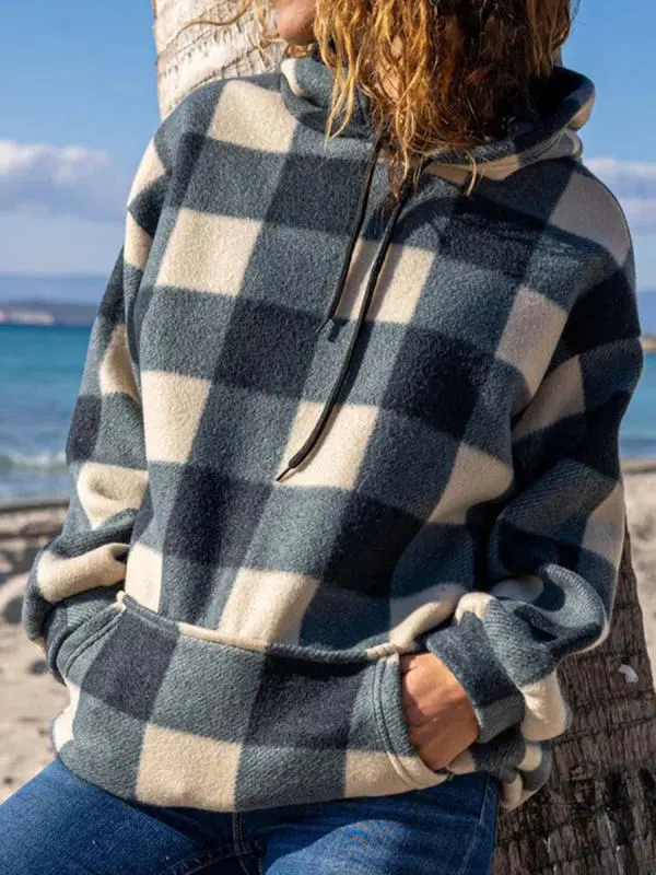 New Checkered Printed Loose Pullover Hooded Sweater Grey - Shop at LoveMi
