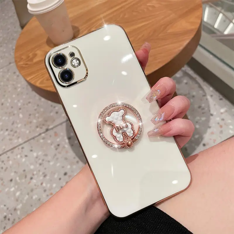Electroplated Rhinestone Round Bracket Bear Cute High-level Luxury Protective Cover All-inclusive Anti-fall Soft Shell