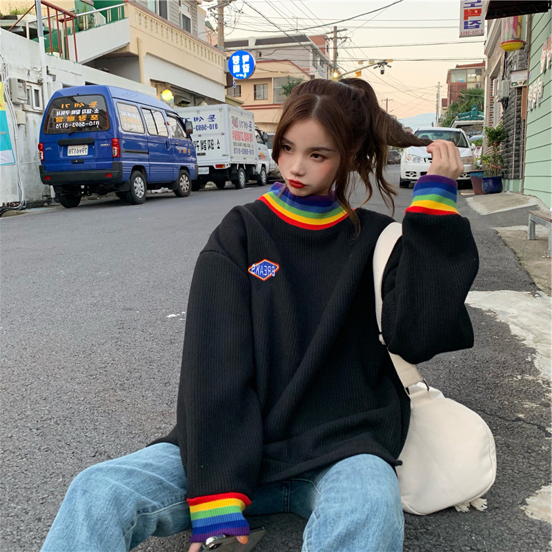 Title 3, New Korean Style Loose Rainbow Half High Collar...