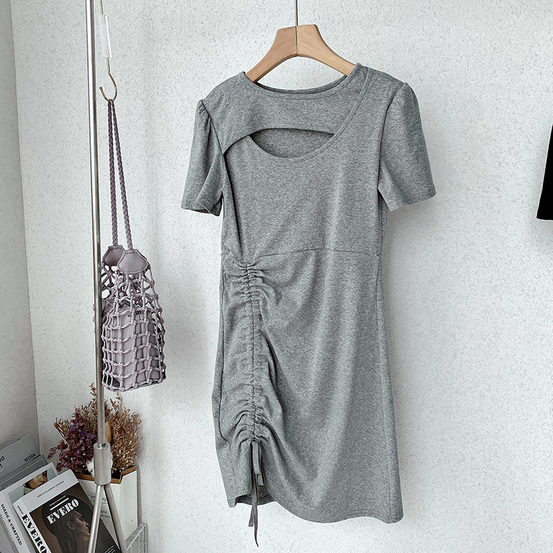 Irregular Drawstring Dress With Solid Color Hem