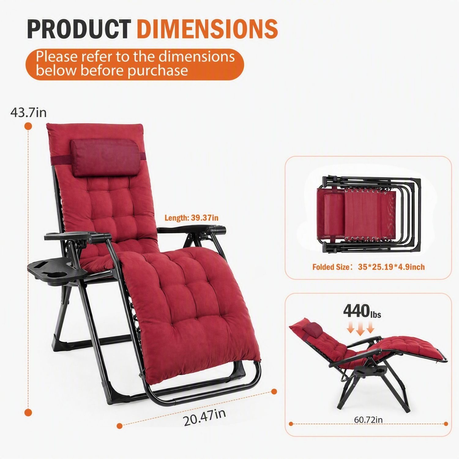 Zero Gravity Chair With Cushion, Folding Outdoor Lounge Chair With Cup Holder And Headrest For Patio, Strong Capacity image 16