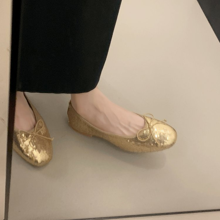 Round Toe Bow Sequin Ballet Flats, Low Cut Slip-on French Style Casual Flat Shoes